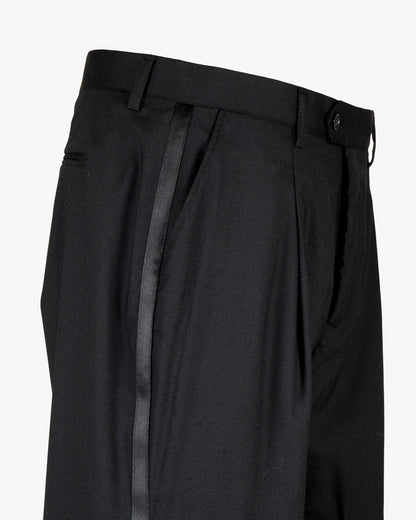 Pantalone in fresco lana e poliviscosa slim fit con doppia pence e banda laterale in raso